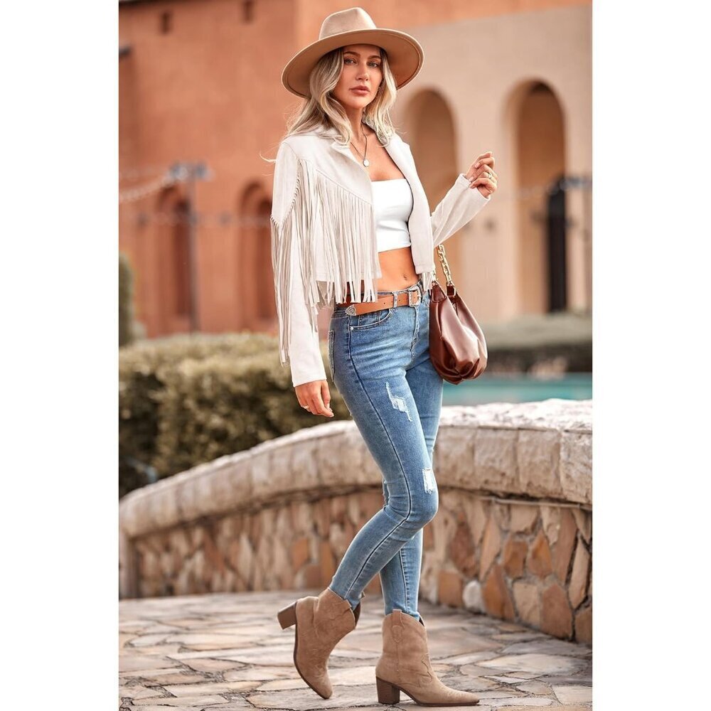 Women's : Beige Fringe Faux Suede Leather Tassel Motorcycle Cropped Jackets - Picture 9 of 9